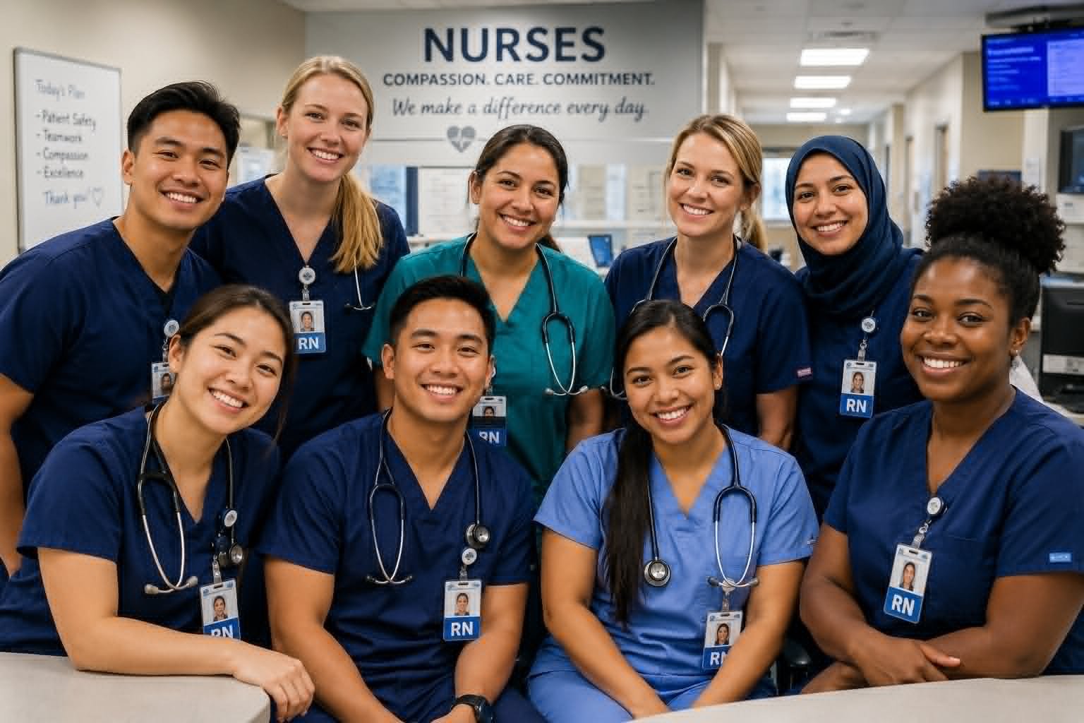 Diverse group of nurses wearing RN badges, smiling together at the nurses station