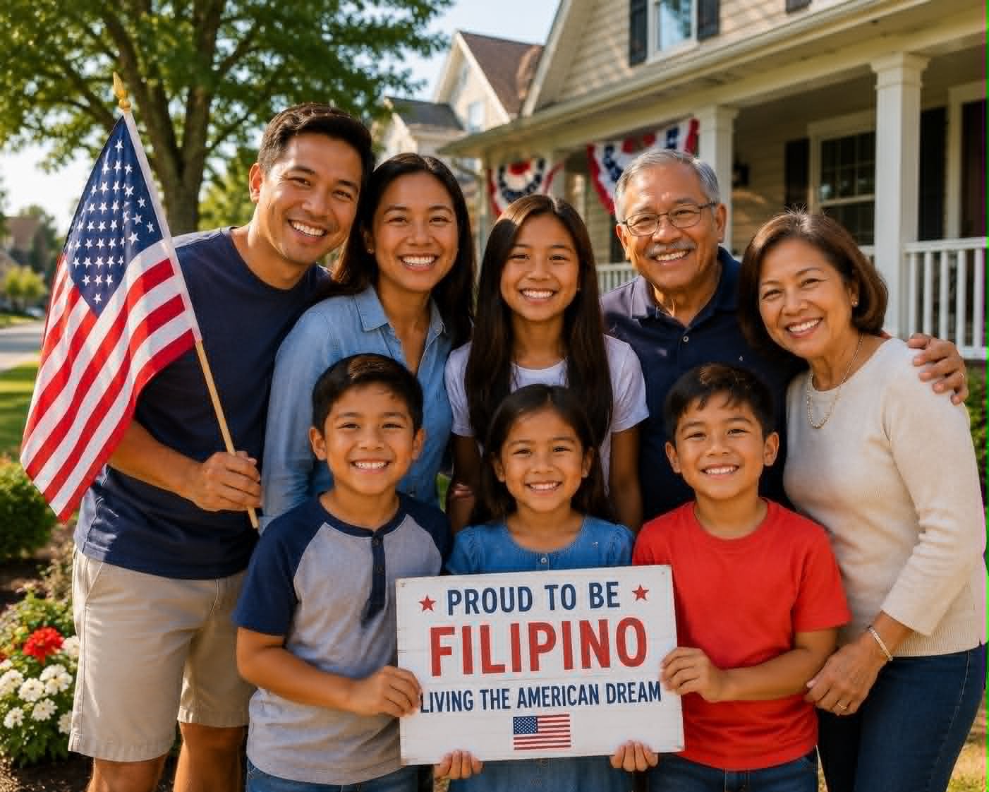 Filipino American family celebrating in front of their home, proud to be living the American dream